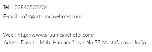 Artium Cave Hotel telefon numaralar, faks, e-mail, posta adresi ve iletiim bilgileri